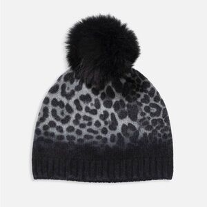 SOFIA CASHMERE Shearling Pom Leopord-Print Cashmere Knit Beanie. Brand new.